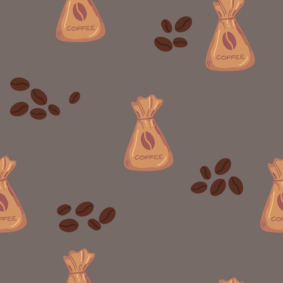 Hand drawn coffee seamless pattern. Coffee bag. Coffee beans hand drawing light on a dark background. vector