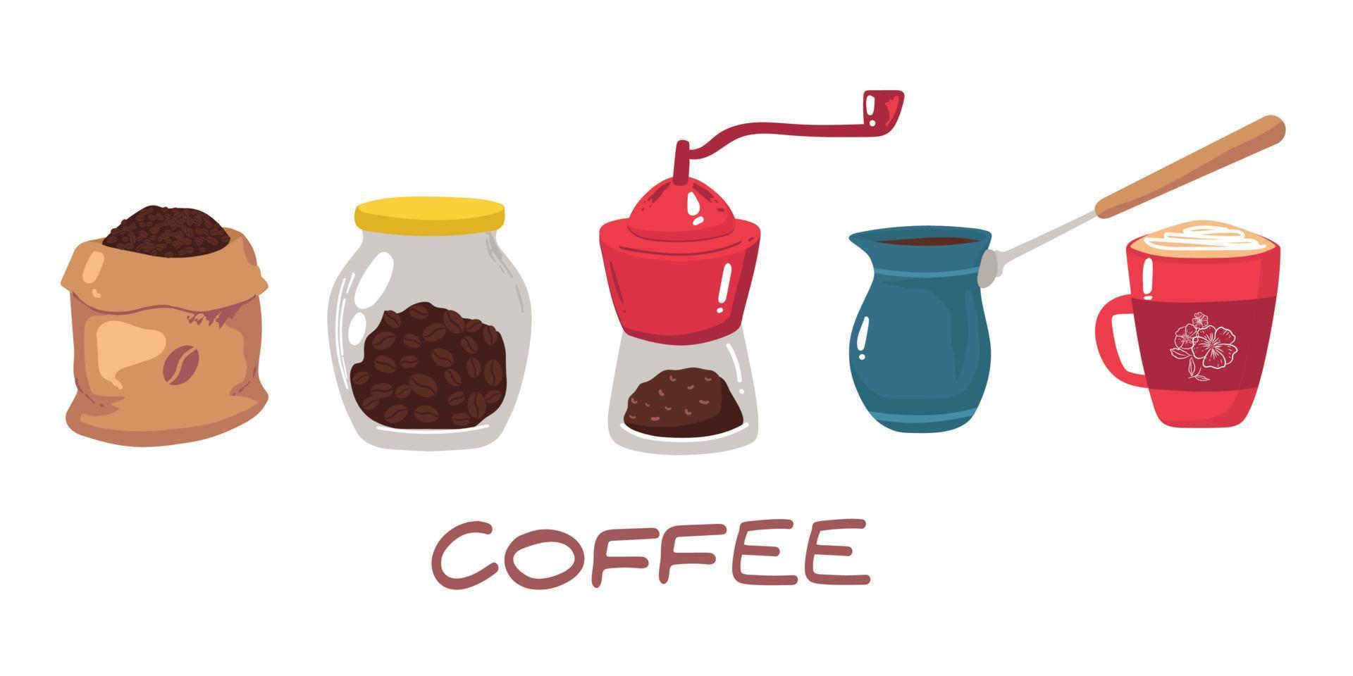 Big set of icons in flat style. Stylish coffee set of icons. Coffee, coffee drinks, coffee pots, and other devices and desserts, vector