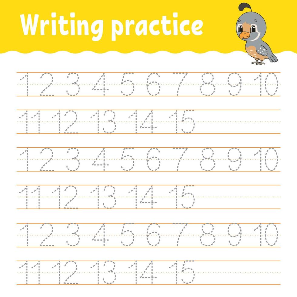 Learn Numbers. Trace and write. Handwriting practice. Learning numbers for kids. Education developing worksheet. Color activity page. Vector illustration.