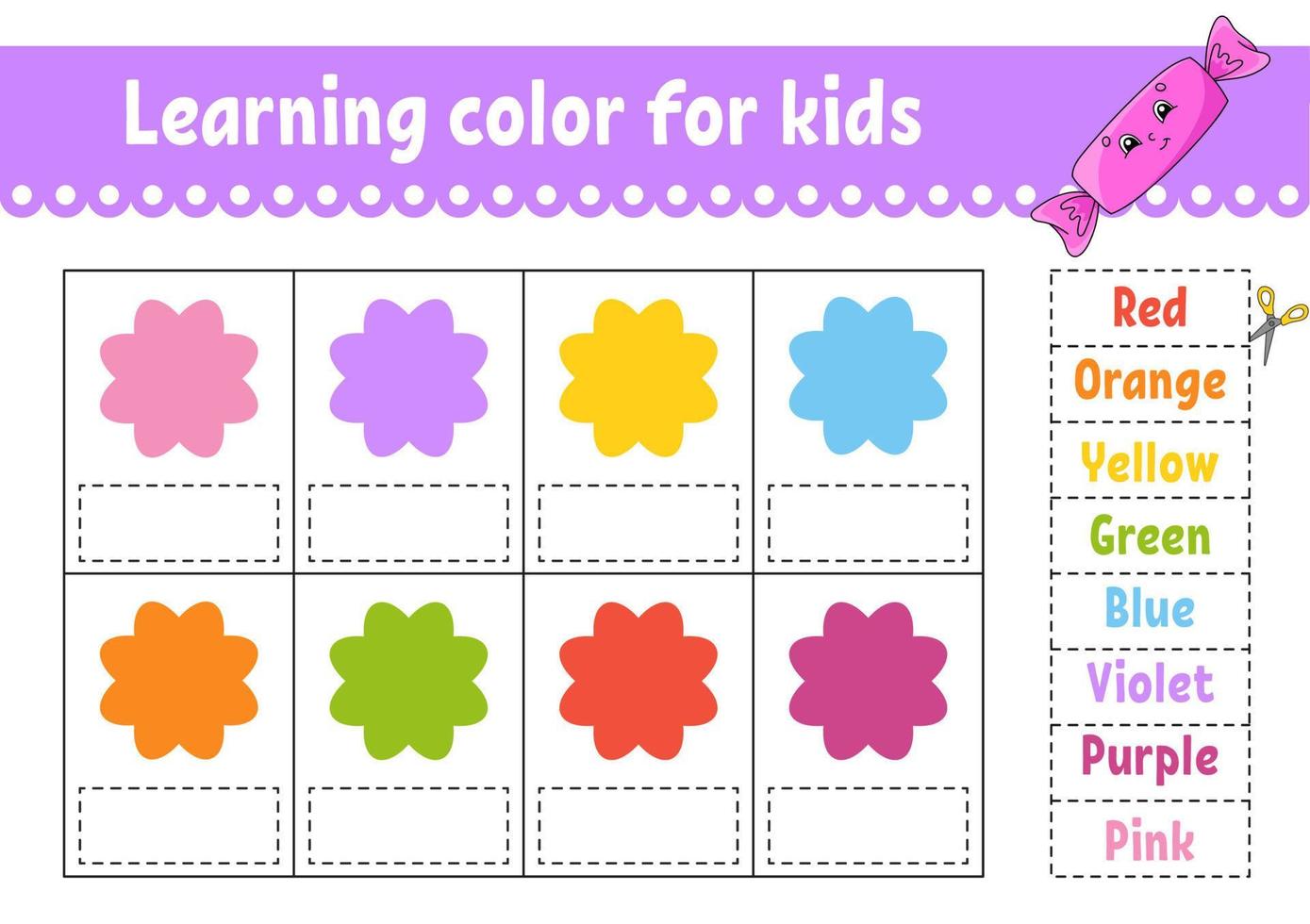 Learning color for kids. Education developing worksheet. Activity page with color pictures. Riddle for children. Funny character. cartoon style. Vector illustration.
