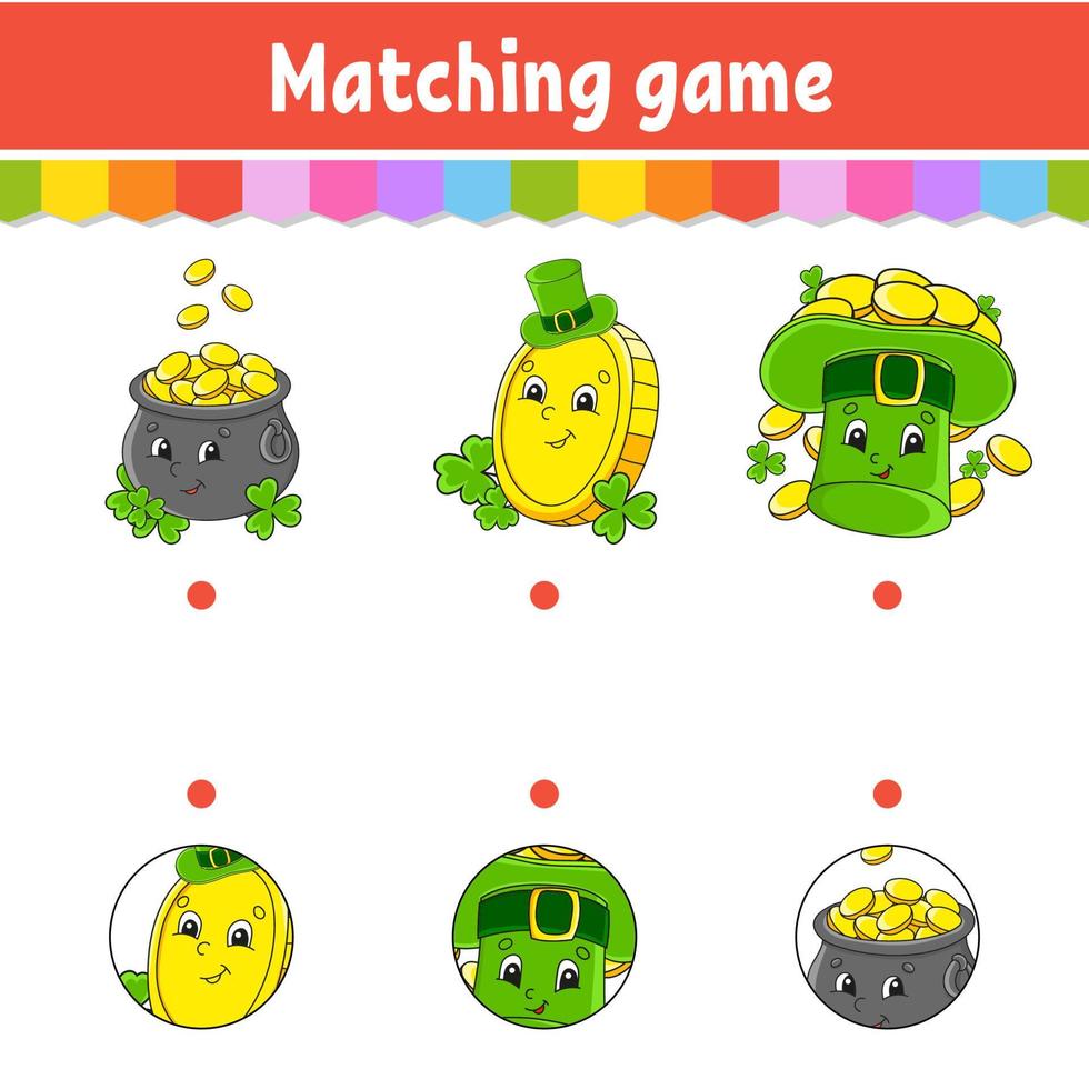 Matching game for kids. Education developing worksheet. Draw a line. Activity page. cartoon character. Vector illustration. St. Patrick's day.