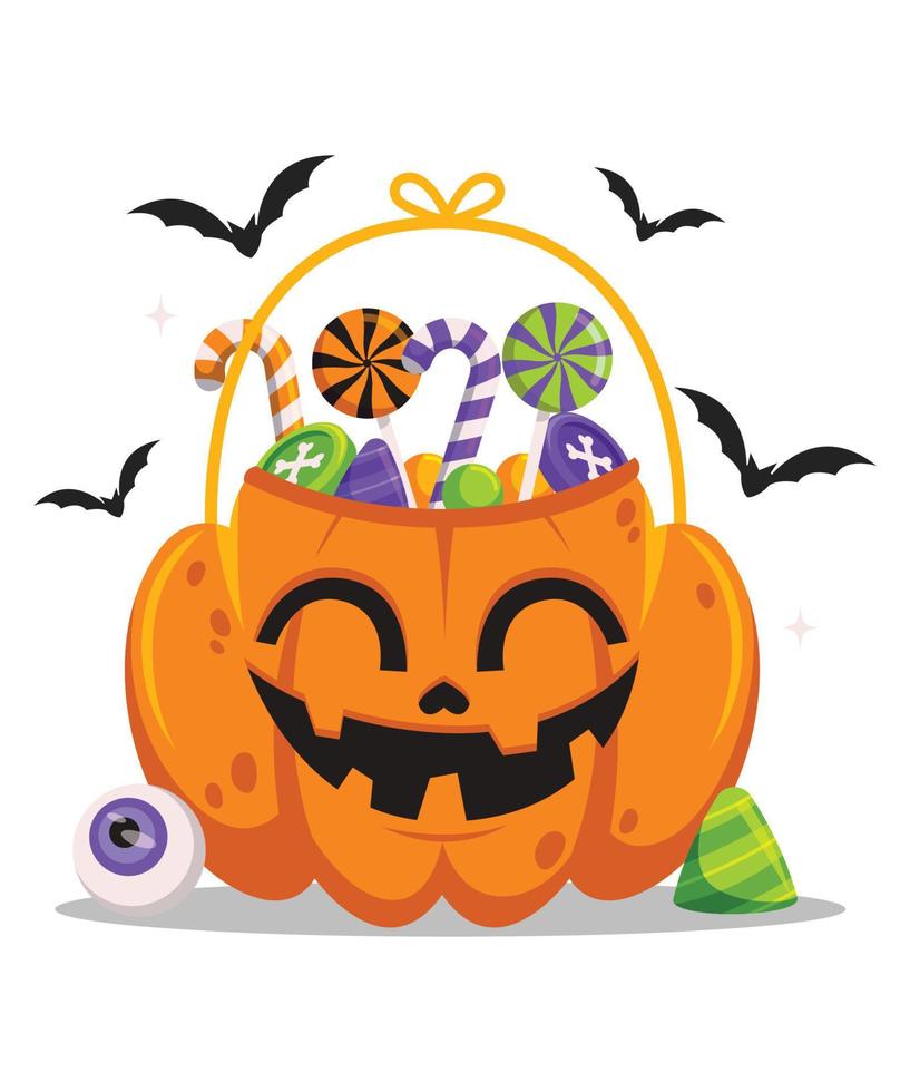 Halloween pumpkin with candies. Cartoon sweets pumpkin basket, lollipops, jelly treats and candy cane vector illustration. Pumpkin trick or treat bag. Halloween pumpkin, lollipop and candy