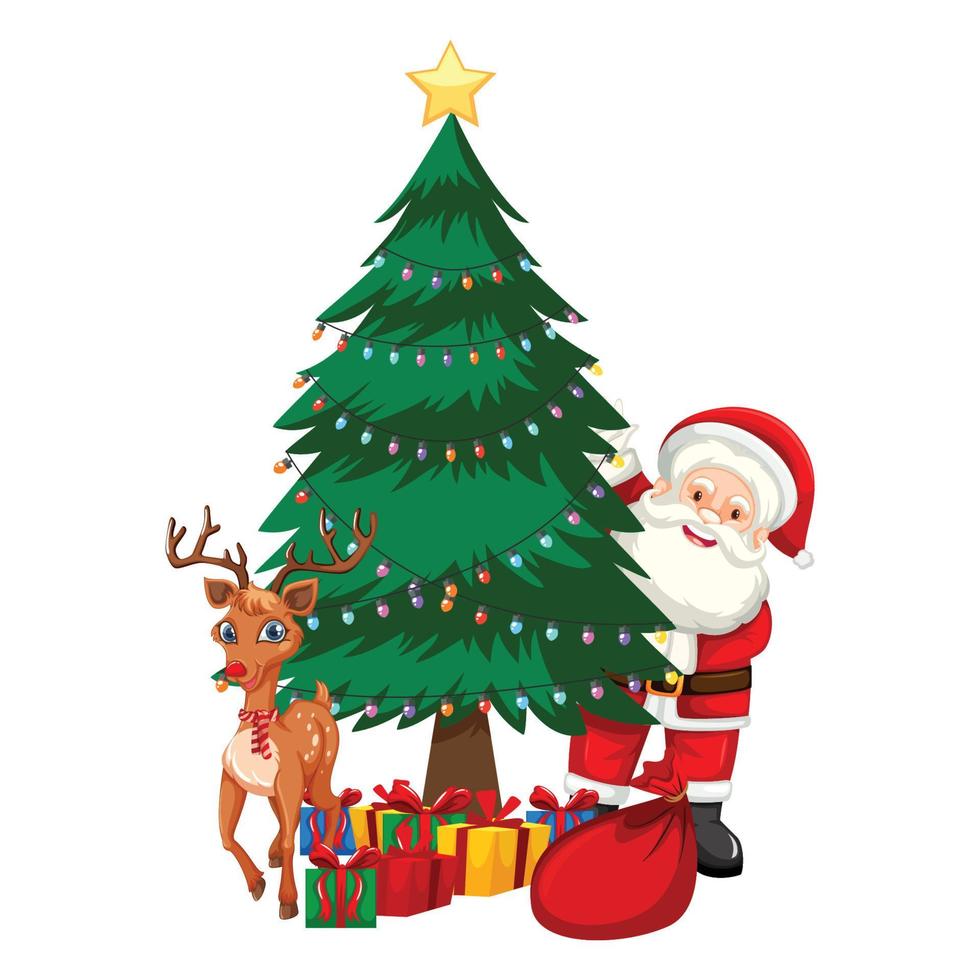 santa claus con fondo de saco de regalo gigante, tema navideño con santa claus y sus ayudantes vector