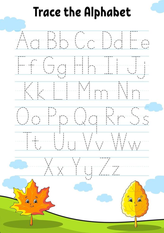 Writing letters. Tracing page. Practice sheet. Worksheet for kids. Learn alphabet. Cute character. Cartoon style. Vector illustration.