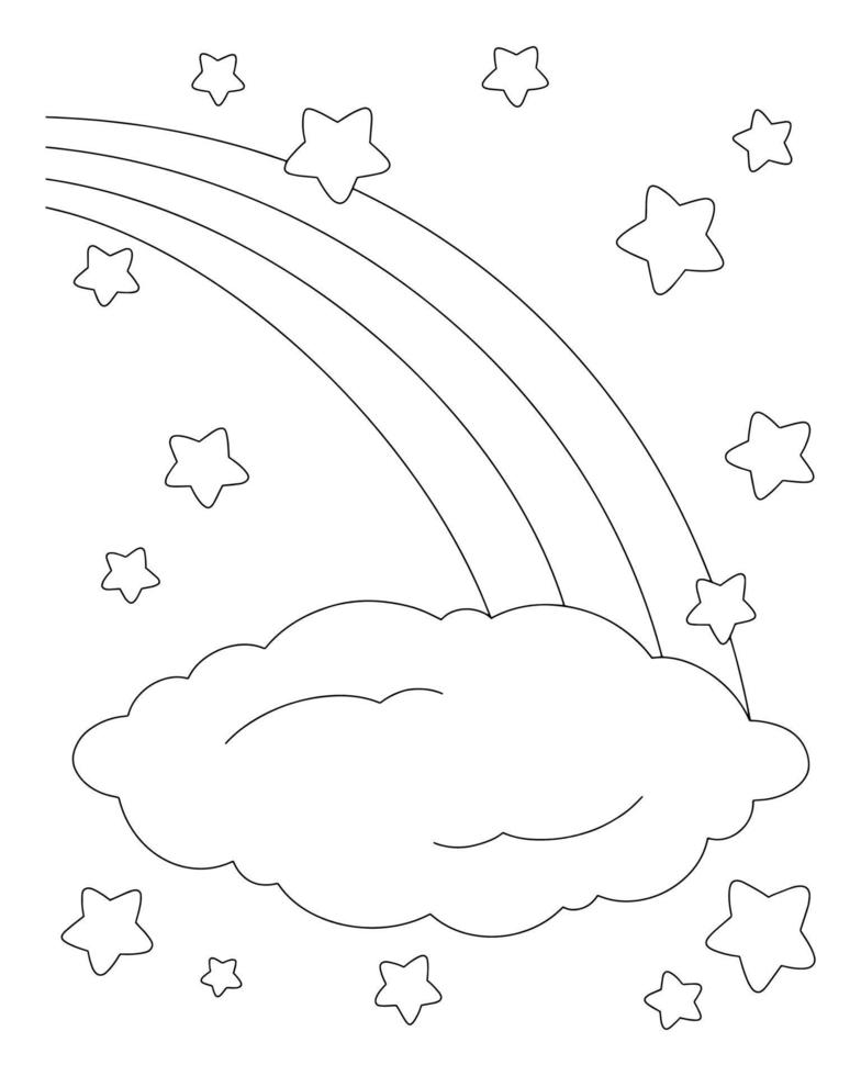 Scene with rainbow, cloud and stars. Coloring book page for kids. Cartoon style character. Vector illustration isolated on white background.