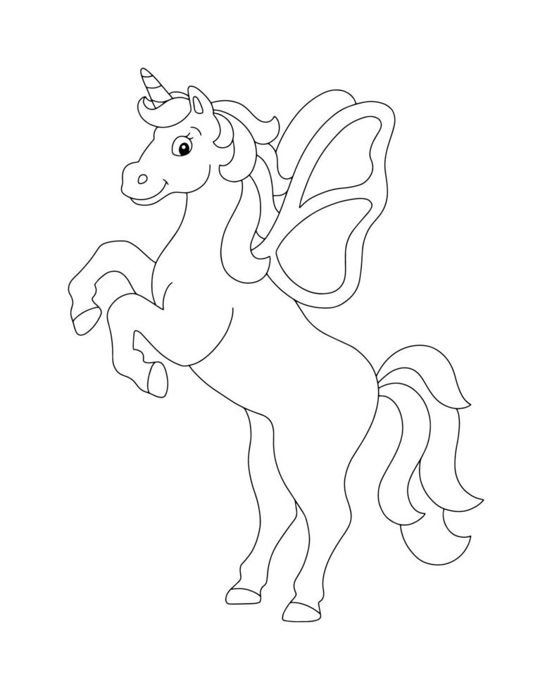 Beautiful unicorn with wings reared up. Coloring book page for kids. Cartoon style character. Vector illustration isolated on white background.