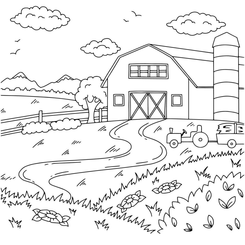 maravilloso paisaje natural en la finca. página de libro para colorear para niños. estilo de dibujos animados. ilustración vectorial aislado sobre fondo blanco. vector