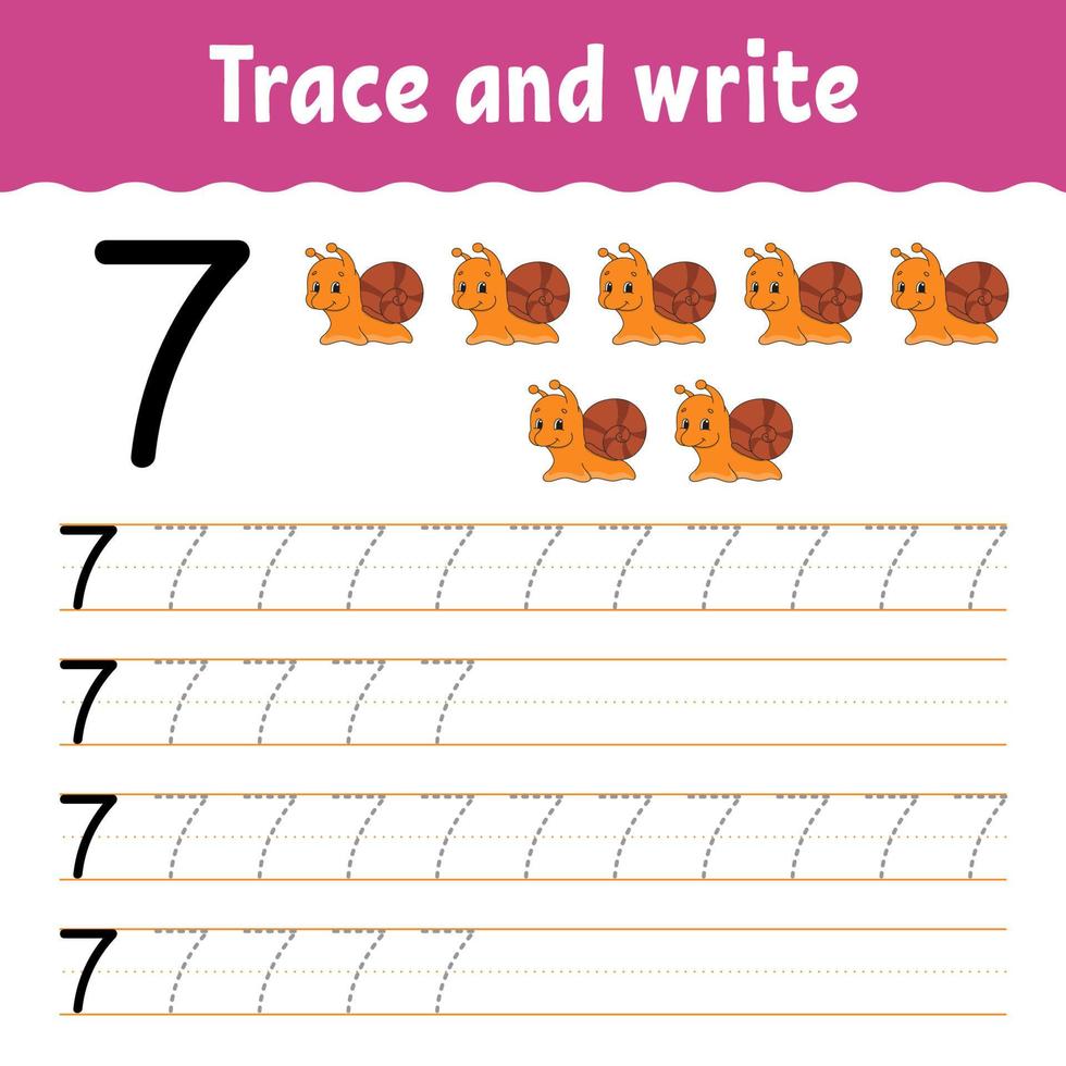 Learn Numbers. Trace and write. Handwriting practice. Learning numbers for kids. Education developing worksheet. Color activity page. Vector illustration.