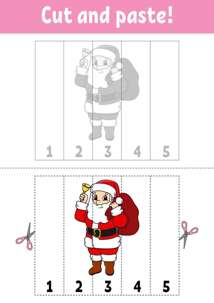 Learning numbers 1-5. Cut and glue. cartoon character. Education developing worksheet. Game for kids. Activity page. Vector illustration.