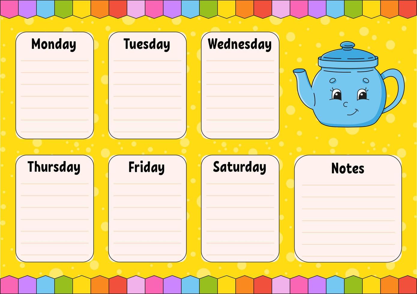 School schedule. Timetable for schoolboys. Empty template. Weekly planer with notes. Isolated color vector illustration. cartoon character.