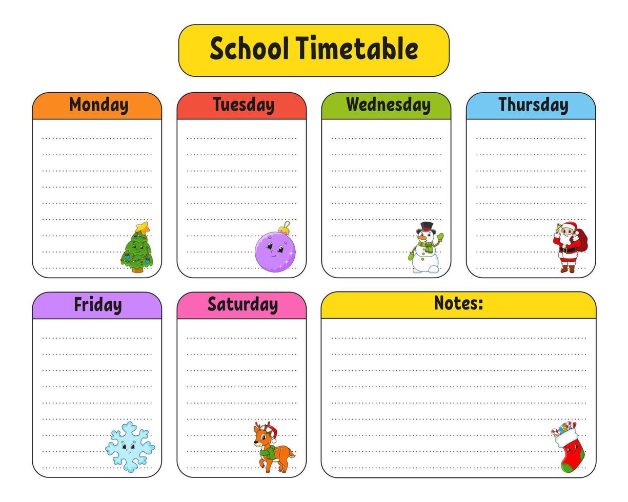 School schedule. Timetable for schoolboys. Empty template. Weekly planer with notes. cartoon character. Vector illustration.