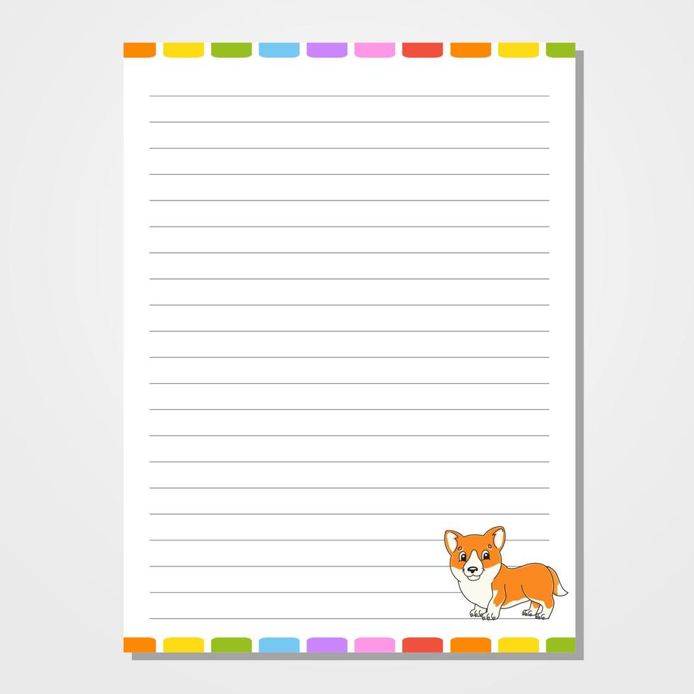 Sheet template for notebook, notepad, diary. Lined paper. Cute character. With a color image. cartoon style. Vector illustration.