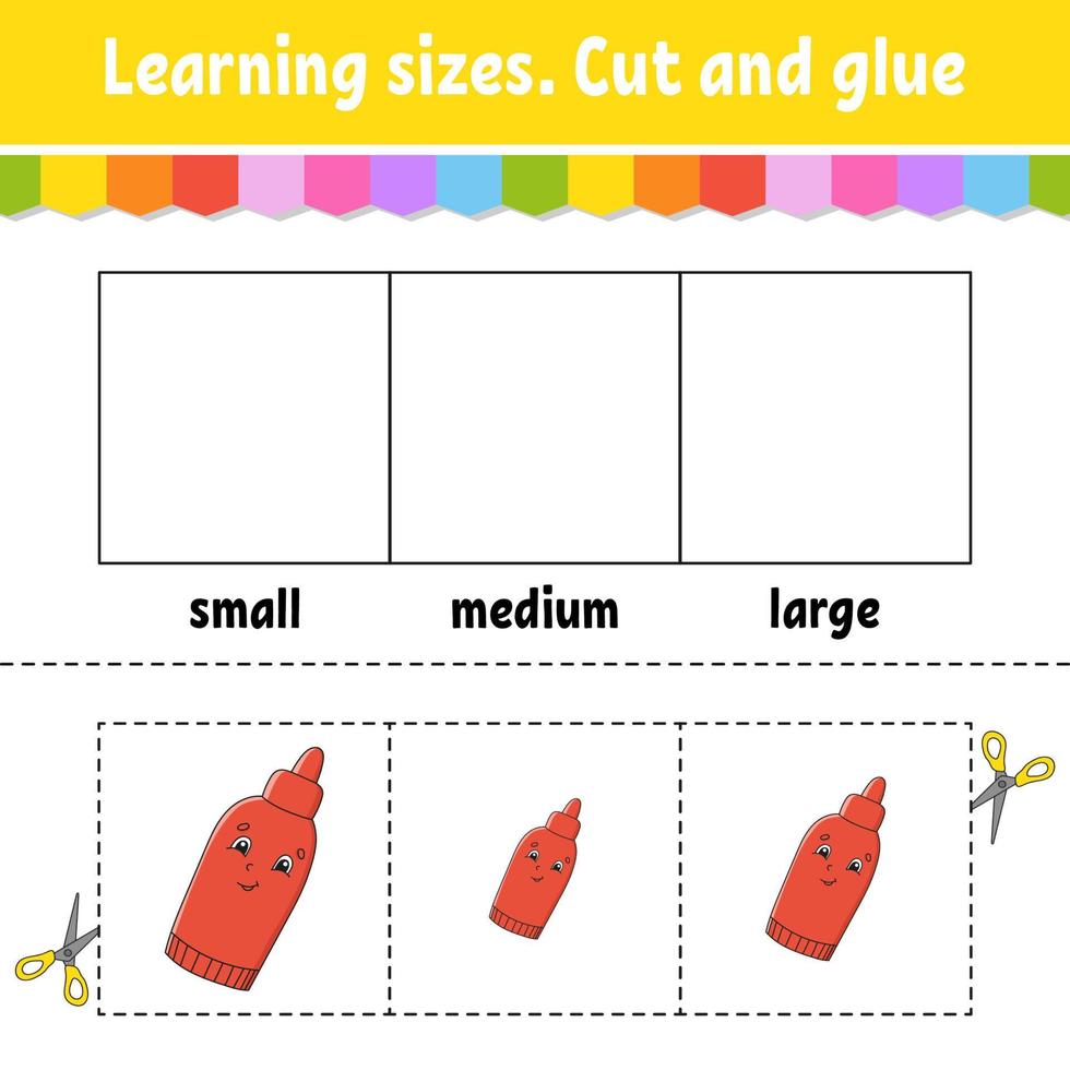 Learning sizes. Cut and glue. Easy level. Color activity worksheet. Game for children. Cartoon character. Vector illustration.