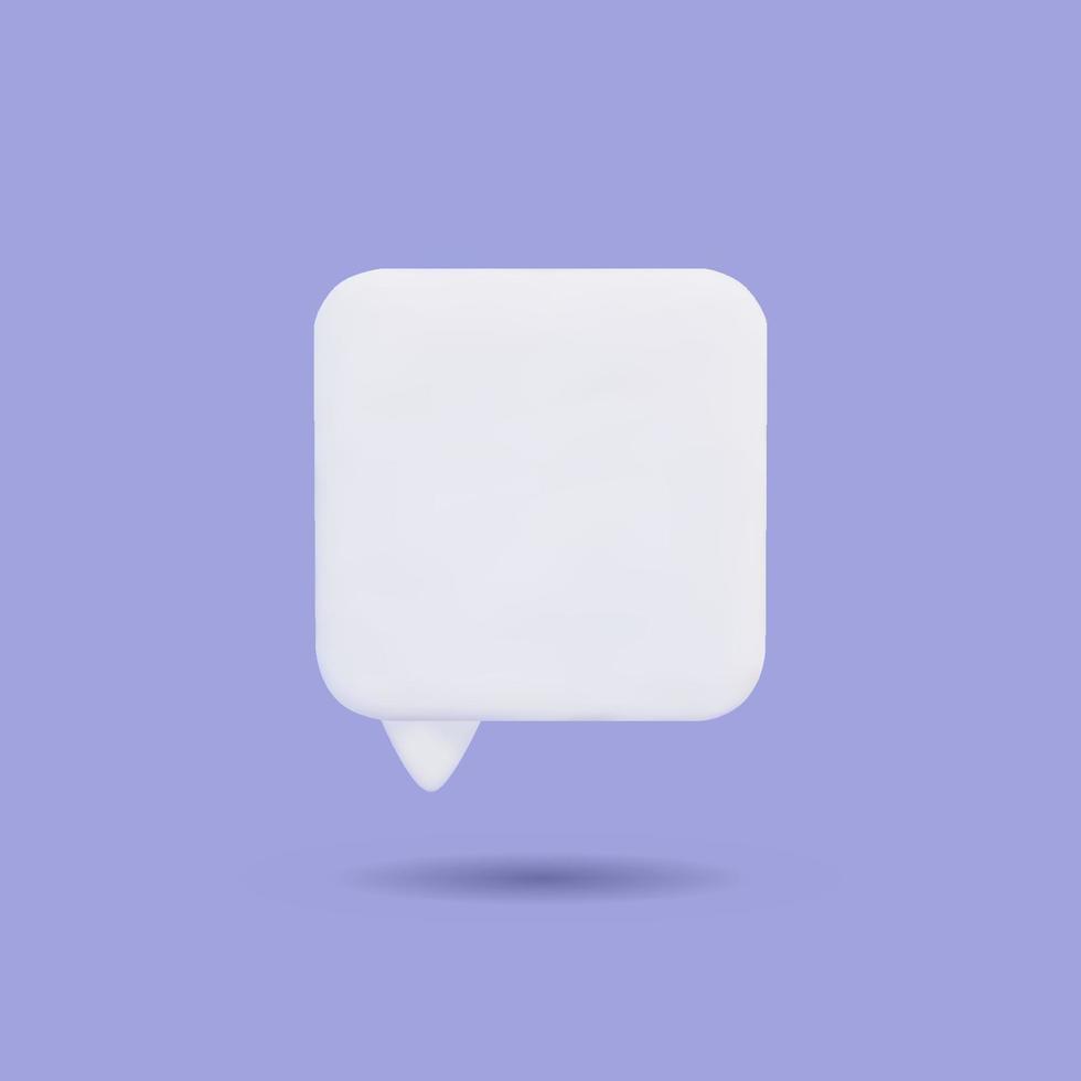 Blank white 3d speech bubble icon.  Cartoon square shaped message box isolated on purple background. Social networking, chatting. Realistic vector design element.