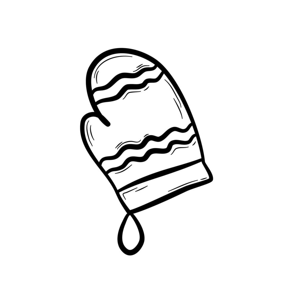 Hand drawn kitchen mitten.  Oven glove, protective covering for hands for taking hot dishes.   Flat vector illustration in doodle style.