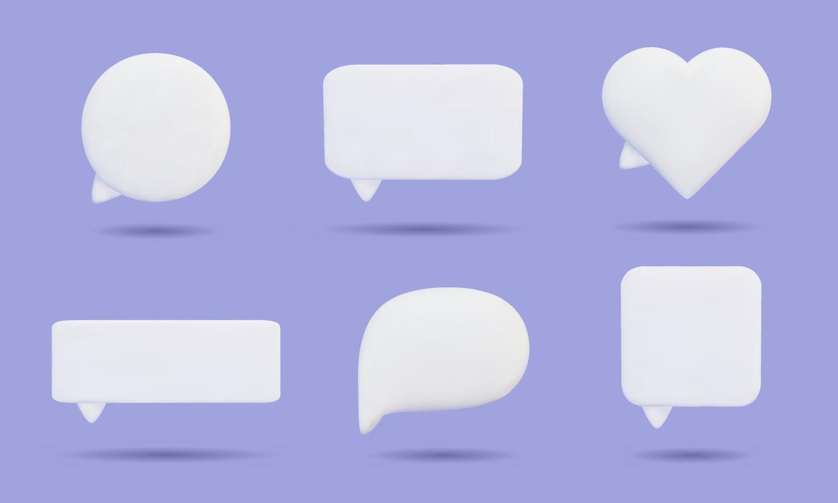 conjunto de iconos de burbujas de discurso 3d blanco en blanco. cuadros de mensajes de dibujos animados de diferentes formas. redes sociales, chatear. elemento de diseño vectorial realista. vector