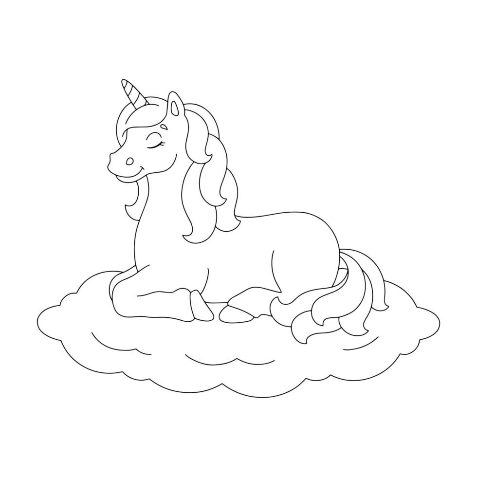 Magic unicorn. Fairy horse. Coloring page for kids. Digital stamp. Cartoon style character. Vector illustration isolated on white background.