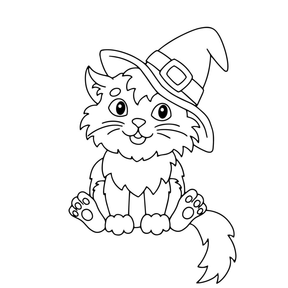 un gato esponjoso con un sombrero de bruja. tema de halloween página de libro para colorear para niños. estilo de dibujos animados ilustración vectorial aislado sobre fondo blanco. vector