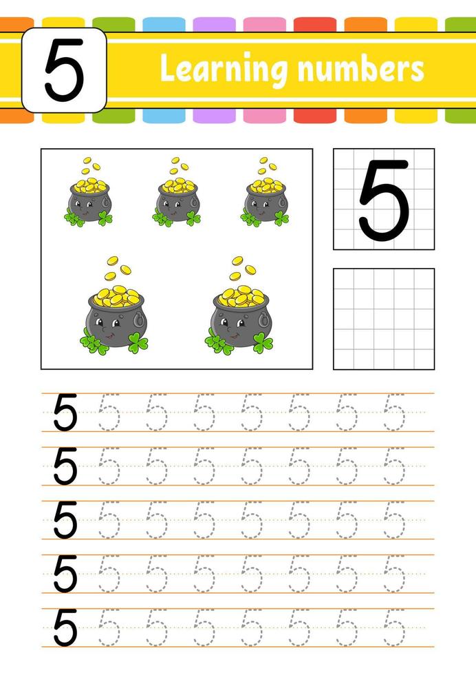 Trace and write numbers. Handwriting practice. Learning numbers for kids. Education developing worksheet. Activity page. Vector illustration.