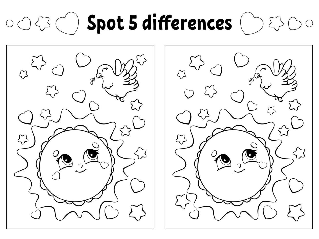 Find five differences. Coloring page for kids. Activity worksheet for children. Vector illustration isolated on white background.