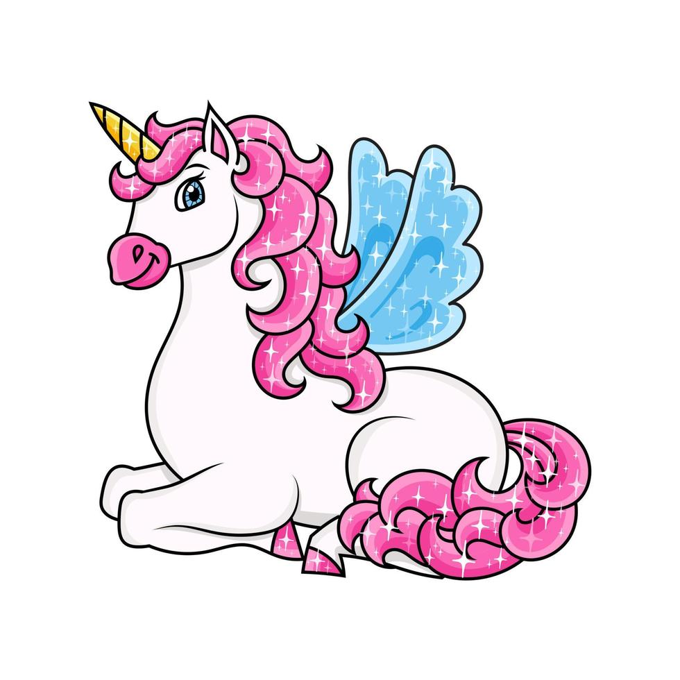 Cute unicorn with wings. Magic fairy horse. Cartoon character. Colorful vector illustration. Isolated on white background. Design element. Template for your design, books, stickers, cards.