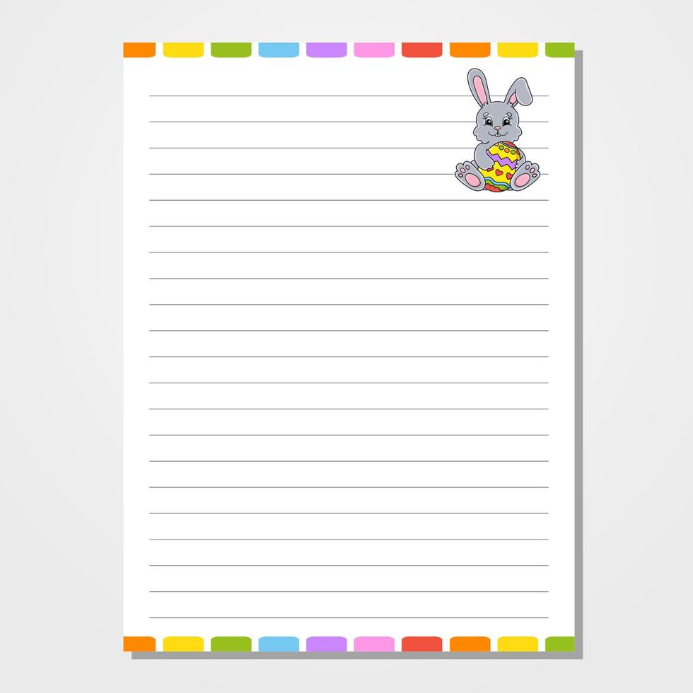 Sheet template for notebook, notepad, diary. Lined paper. Cute character. Easter theme. Isolated vector illustration. cartoon style.