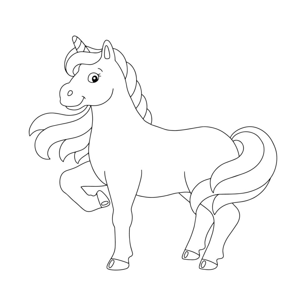 Magic unicorn. Fairy horse. Coloring book page for kids. Cartoon style character. Vector illustration isolated on white background.