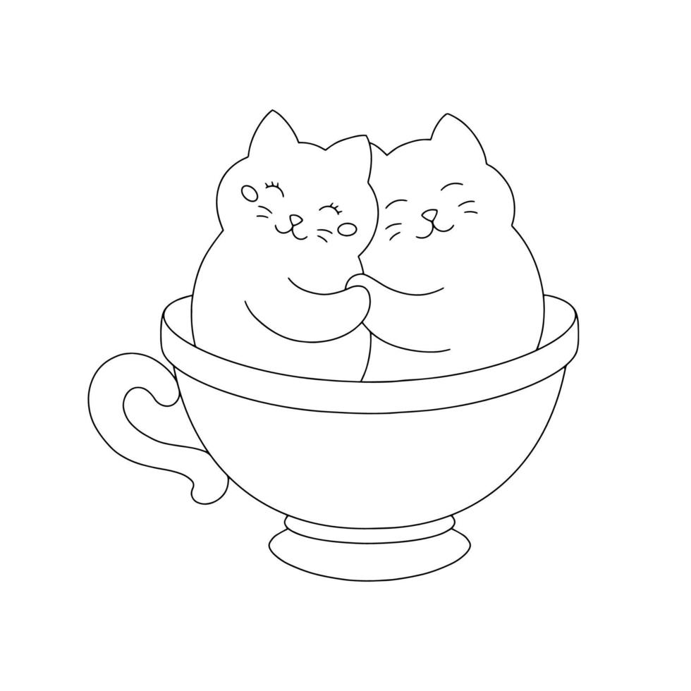Enamored cats in a cup Coloring book page for kids Cartoon style
