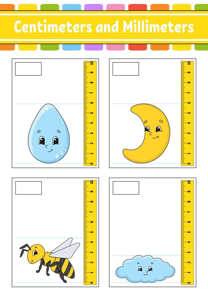 Measuring length in centimeter and millimeter. Education developing worksheet. Game for kids. Color activity page. Puzzle for children. Cute character. Vector illustration. cartoon style.