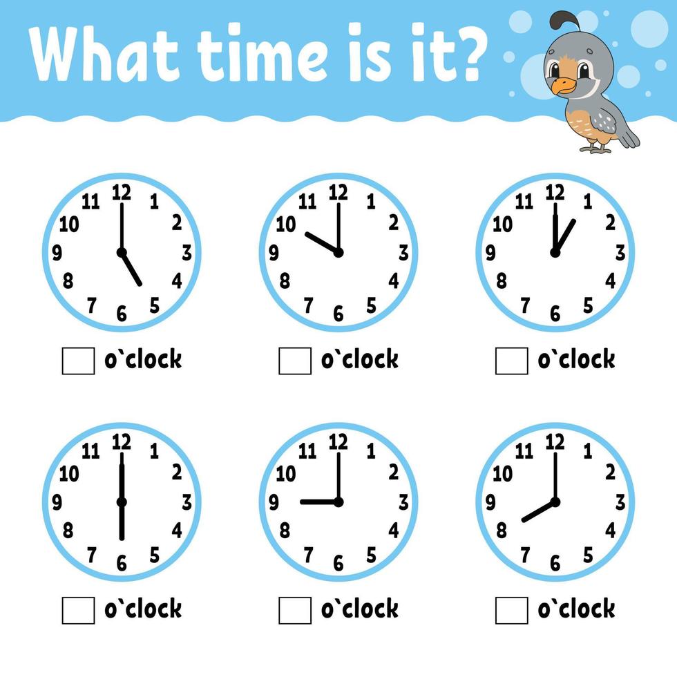 Learning time on the clock. Educational activity worksheet for kids and toddlers. Game for children. Simple flat isolated color vector illustration in cute cartoon style. Vector illustration.