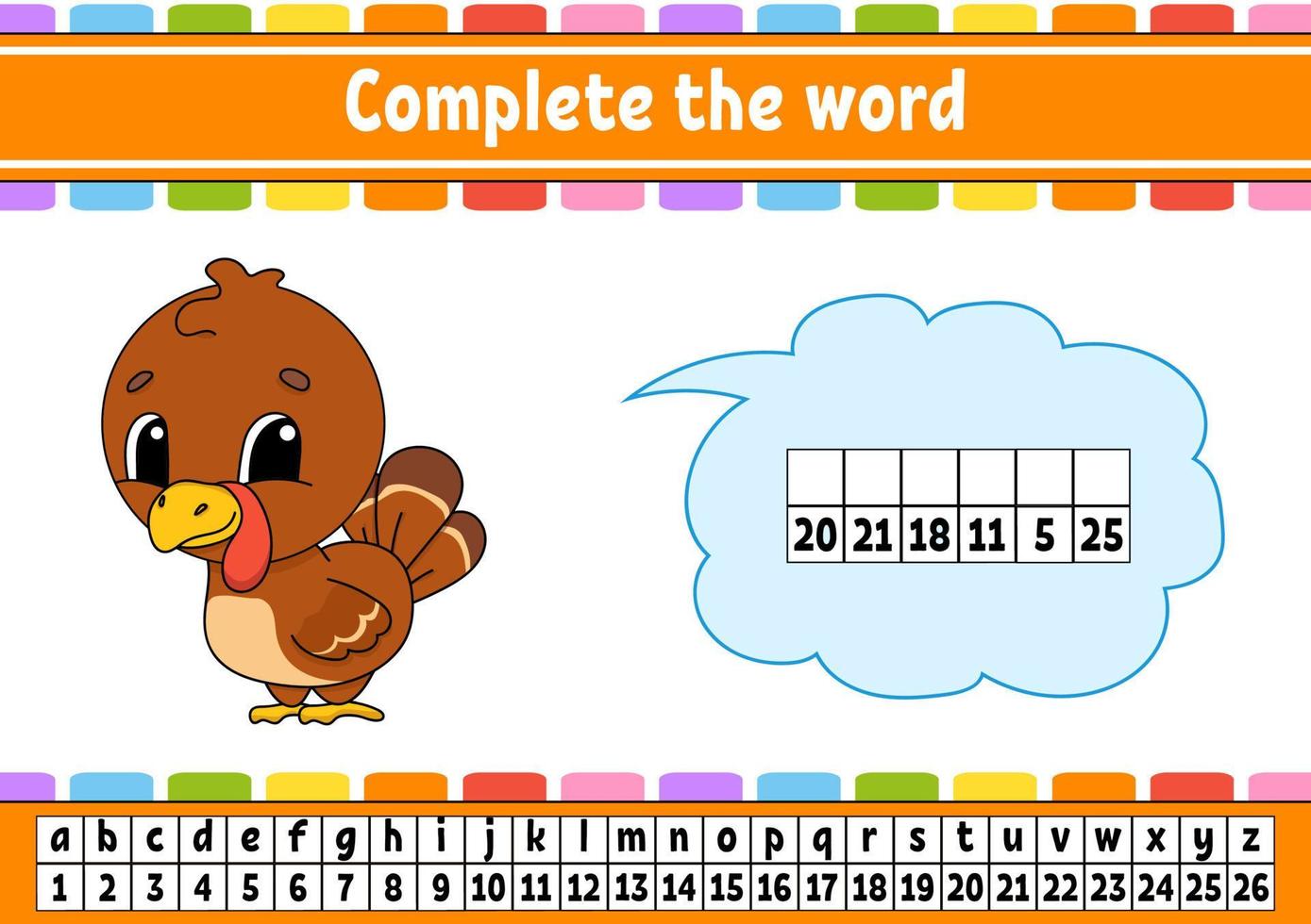 Complete the words. Cipher code. Learning vocabulary and numbers. Education worksheet. Activity page for study English. Isolated vector illustration. cartoon character.