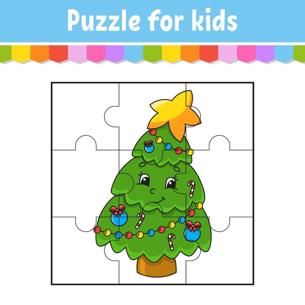 Puzzle game for kids. Jigsaw pieces. Color worksheet. Christmas theme. Activity page. Isolated vector illustration. cartoon style.