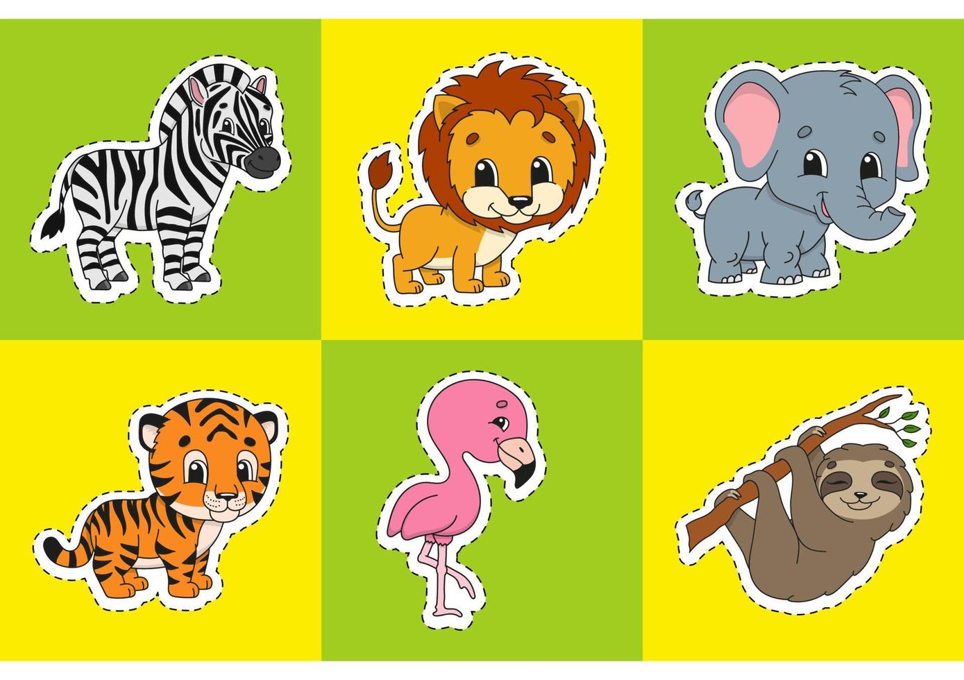 Set of bright color stickers for kids. Animal theme. Cute cartoon characters. Vector illustration isolated on color background.