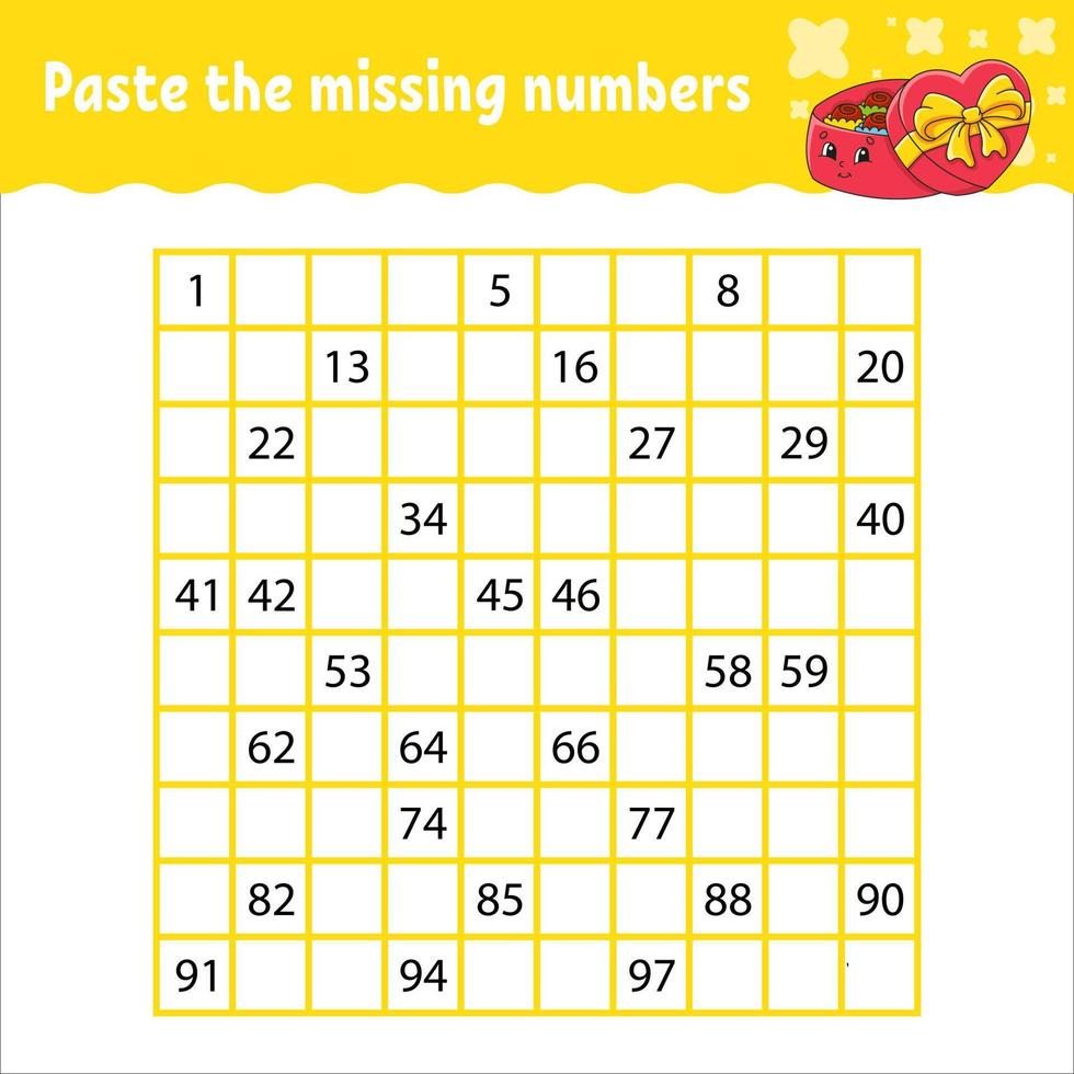 Paste the missing numbers from 1 to 100. Handwriting practice. Learning numbers for kids. Education developing worksheet. Activity page. Isolated vector illustration in cute cartoon style.