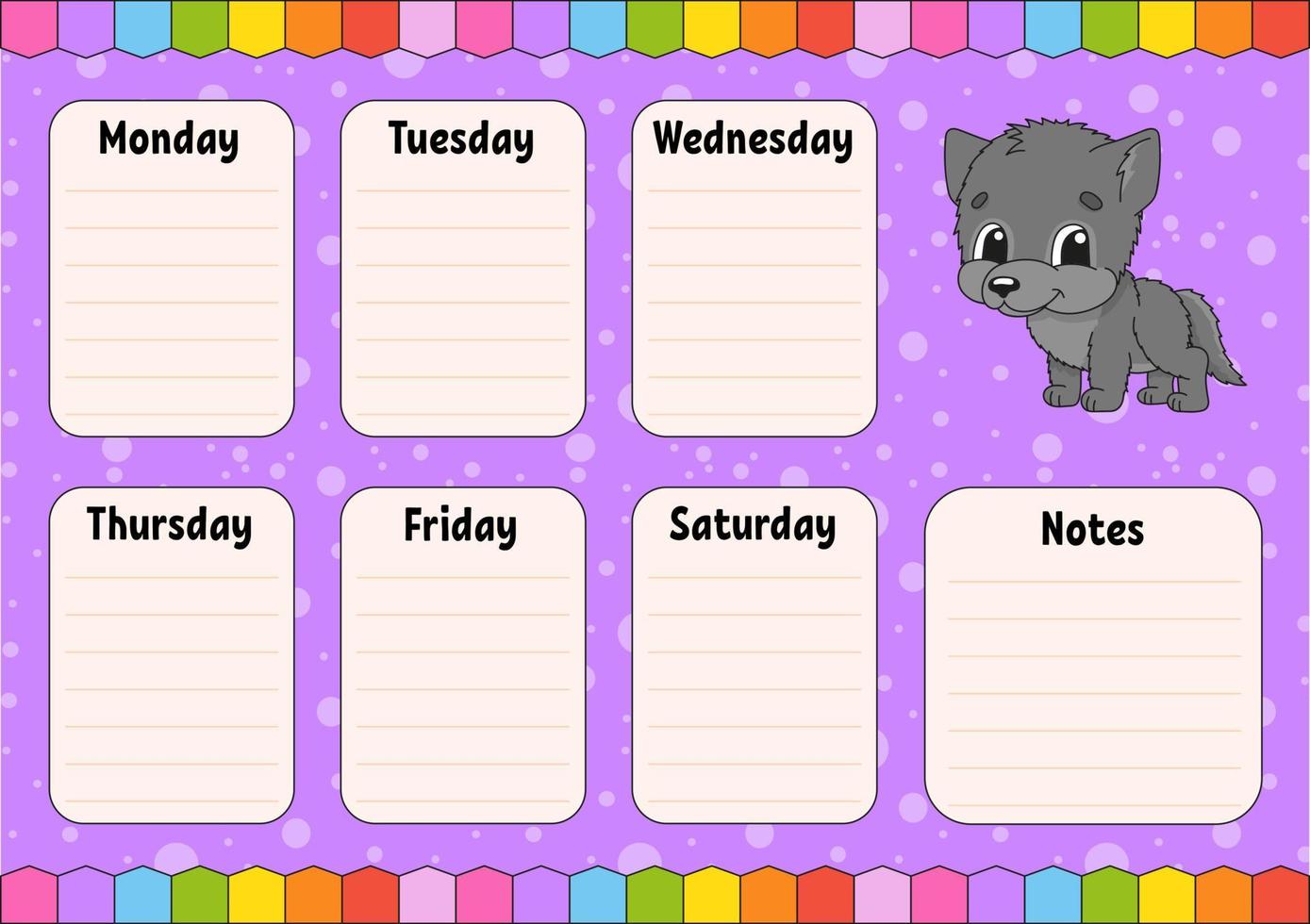 School schedule. Timetable for schoolboys. Empty template. Weekly planer with notes. Isolated color vector illustration. cartoon character.