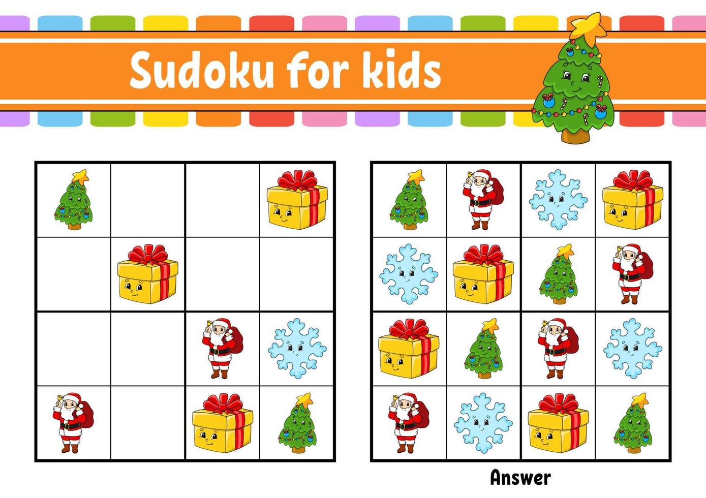 Sudoku for kids. Education developing worksheet. cartoon character. Color activity page. Puzzle game for children. Logical thinking training. Vector illustration.