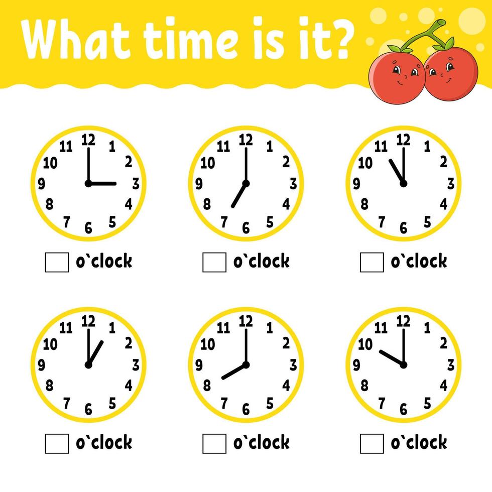 Learning time on the clock. Educational activity worksheet for kids and toddlers. Game for children. Simple flat isolated color vector illustration in cute cartoon style.