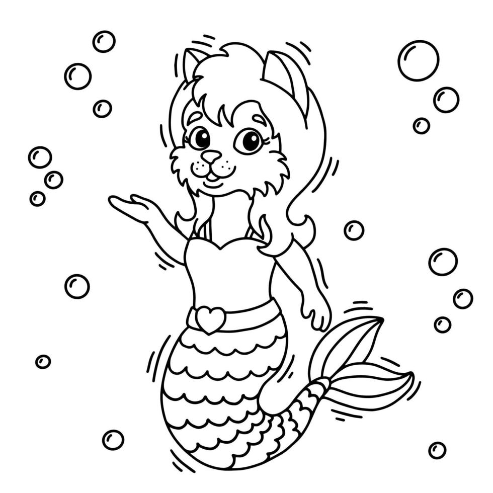 lindo gato sirenita. página de libro para colorear para niños. estilo de dibujos animados. ilustración vectorial aislado sobre fondo blanco. vector