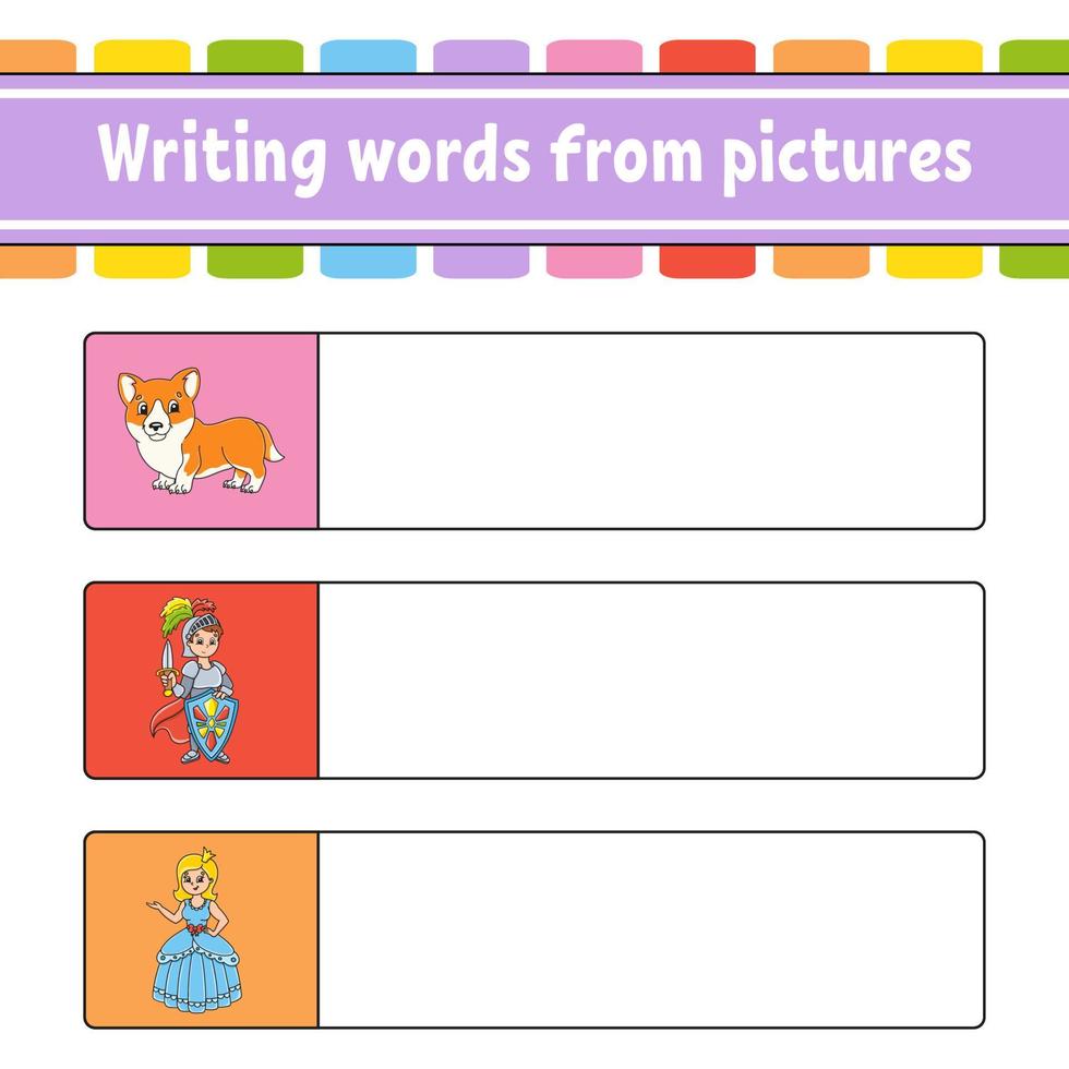 Writing words from pictures. Education developing worksheet. Activity page for kids. Puzzle for children. cartoon characters. Vector illustration.