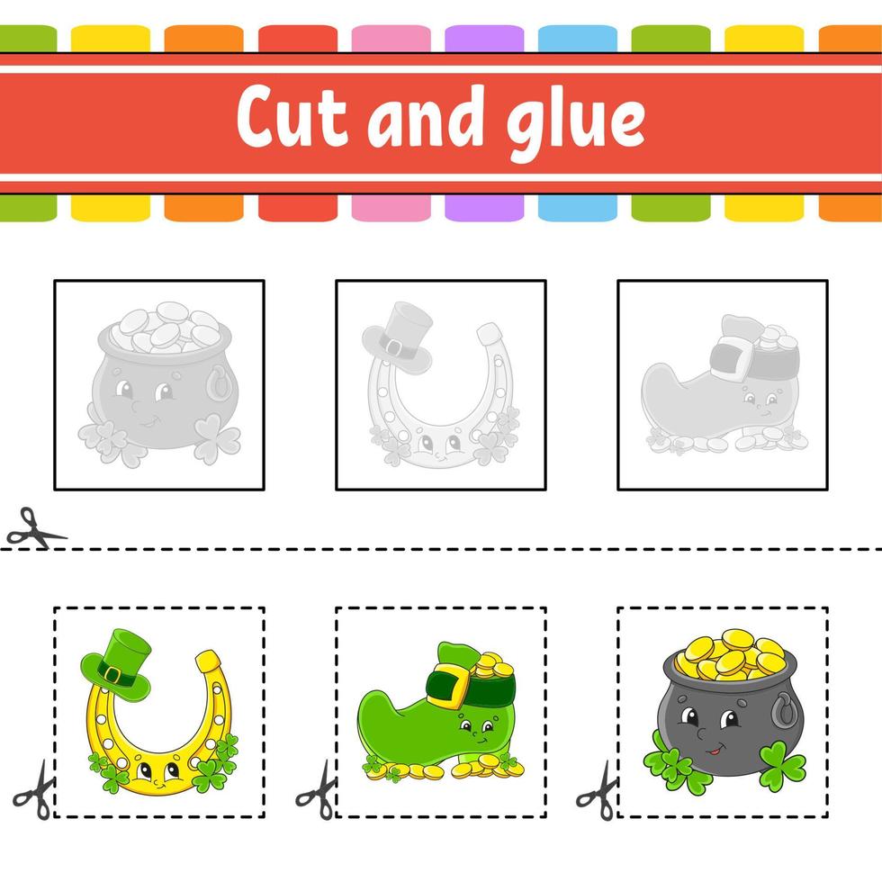 Cut and glue. Game for kids. Education developing worksheet. Color activity page. cartoon character. St. Patrick's day. vector