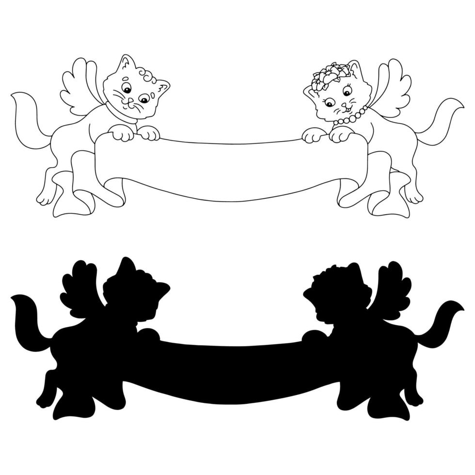 Cats with wings are holding a ribbon. Black silhouette. Valentine's Day. Design element. Vector illustration isolated on white background. Template for books, stickers, posters, cards, clothes.