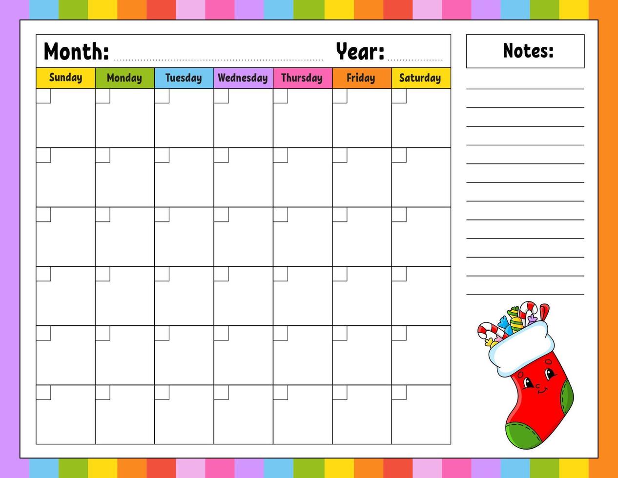 Blank calendar template for one month without dates. Colorful design with a cute character