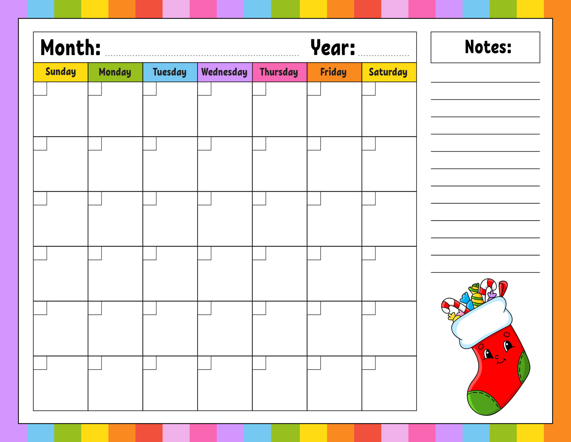 Blank calendar template for one month without dates. Colorful design