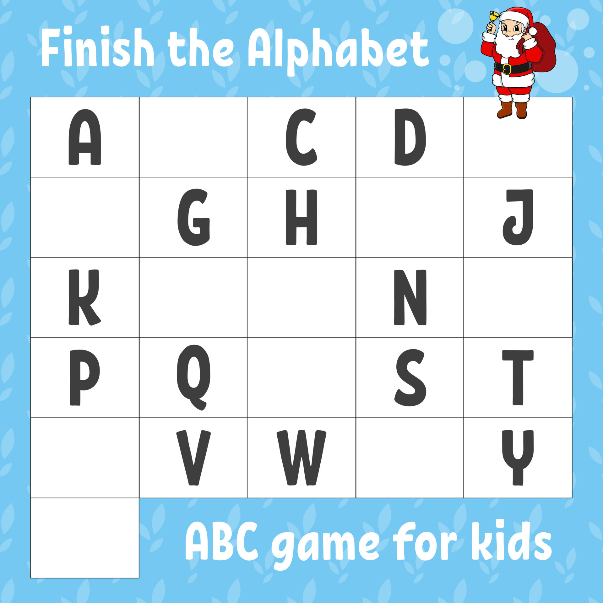 Finish the alphabet. ABC game for kids. Education developing worksheet