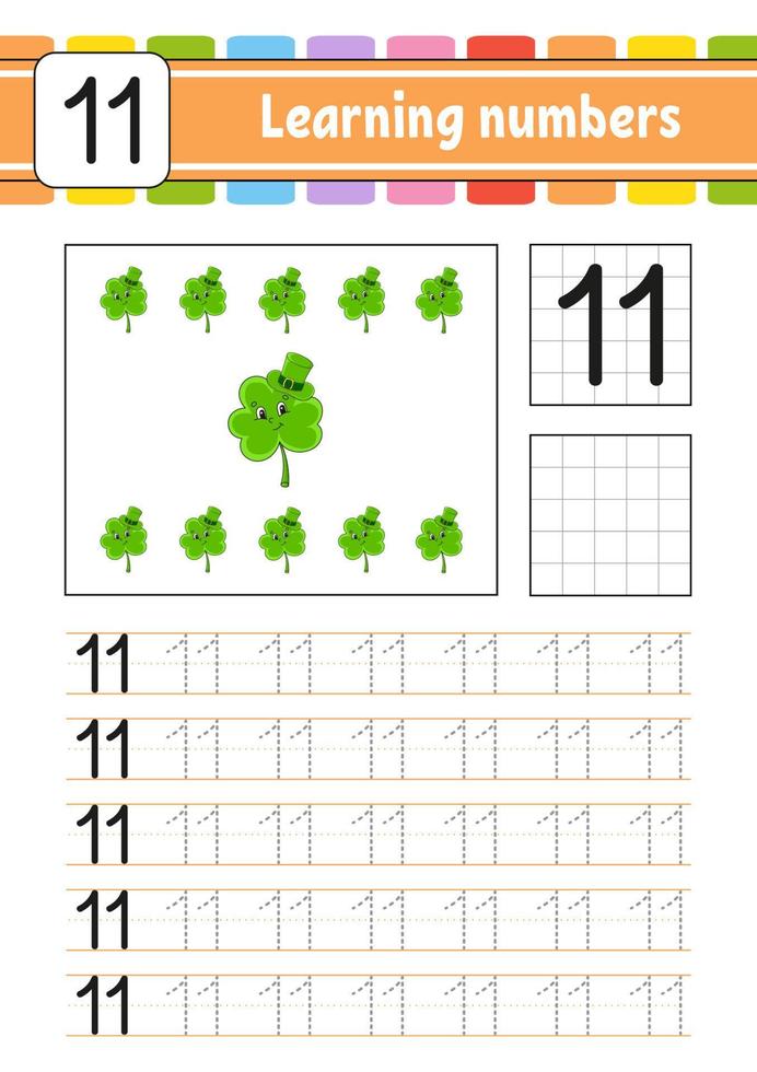 Trace and write numbers. Handwriting practice. Learning numbers for kids. Education developing worksheet. Activity page. Vector illustration.