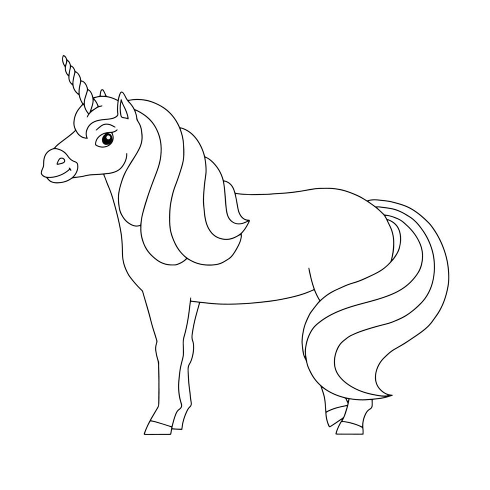 lindo unicornio. caballo de hadas mágico. página de libro para colorear para niños. estilo de dibujos animados. ilustración vectorial aislado sobre fondo blanco. vector