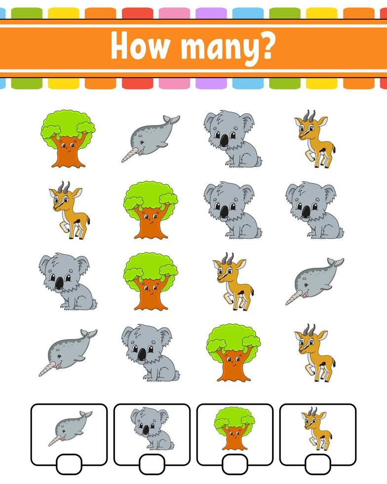 Counting game for children. Happy characters. Learning mathematics. How many object in the picture. Education worksheet. With space for answers. Vector illustration.