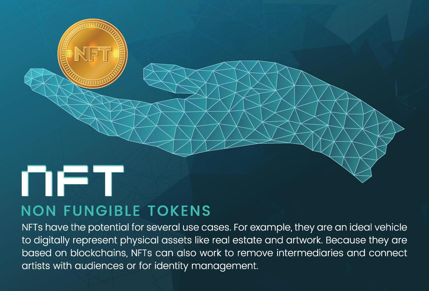 Cyan background non-fungible token with golden NFT coin and polygon hand wallpaper concept vector