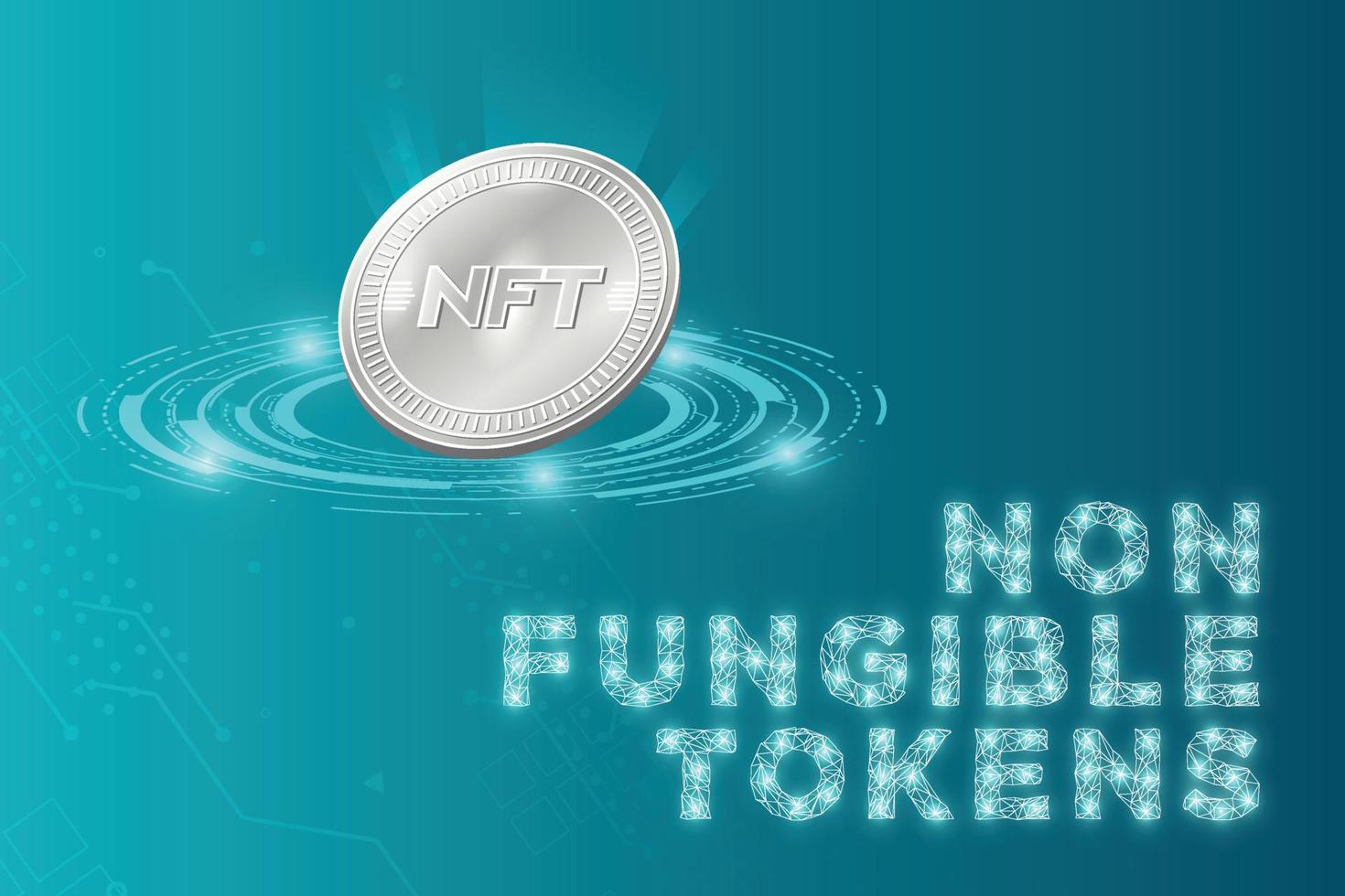 Futuristic NFT non-fungible tokens web banner concept with node connected letter and silver NFT coin vector