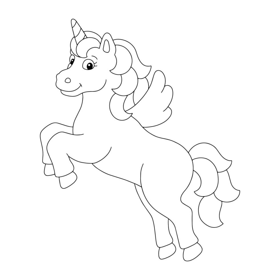Unicorn with wings. Coloring book page for kids. Cartoon style character. Vector illustration isolated on white background.